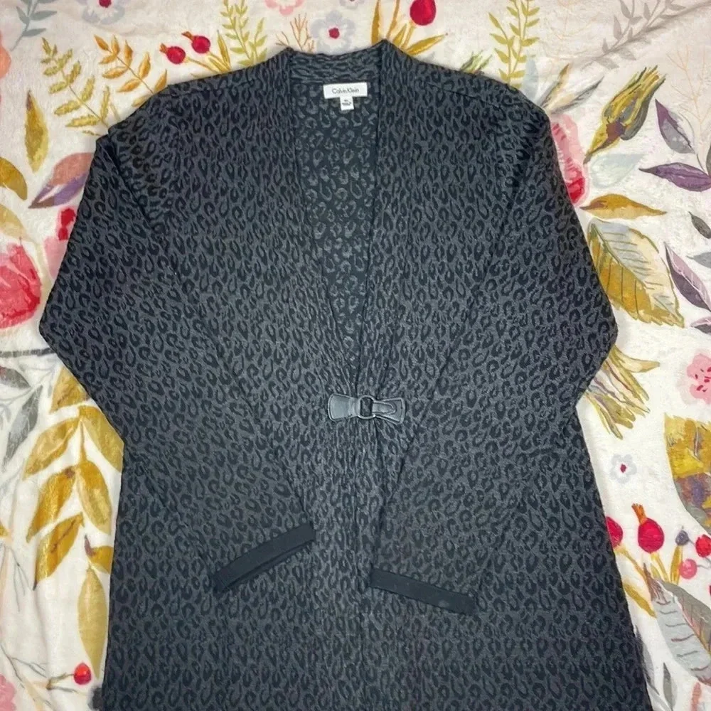 Calvin Klein merino wool blend open front animal print long cardigan XL - Picture 3 of 12